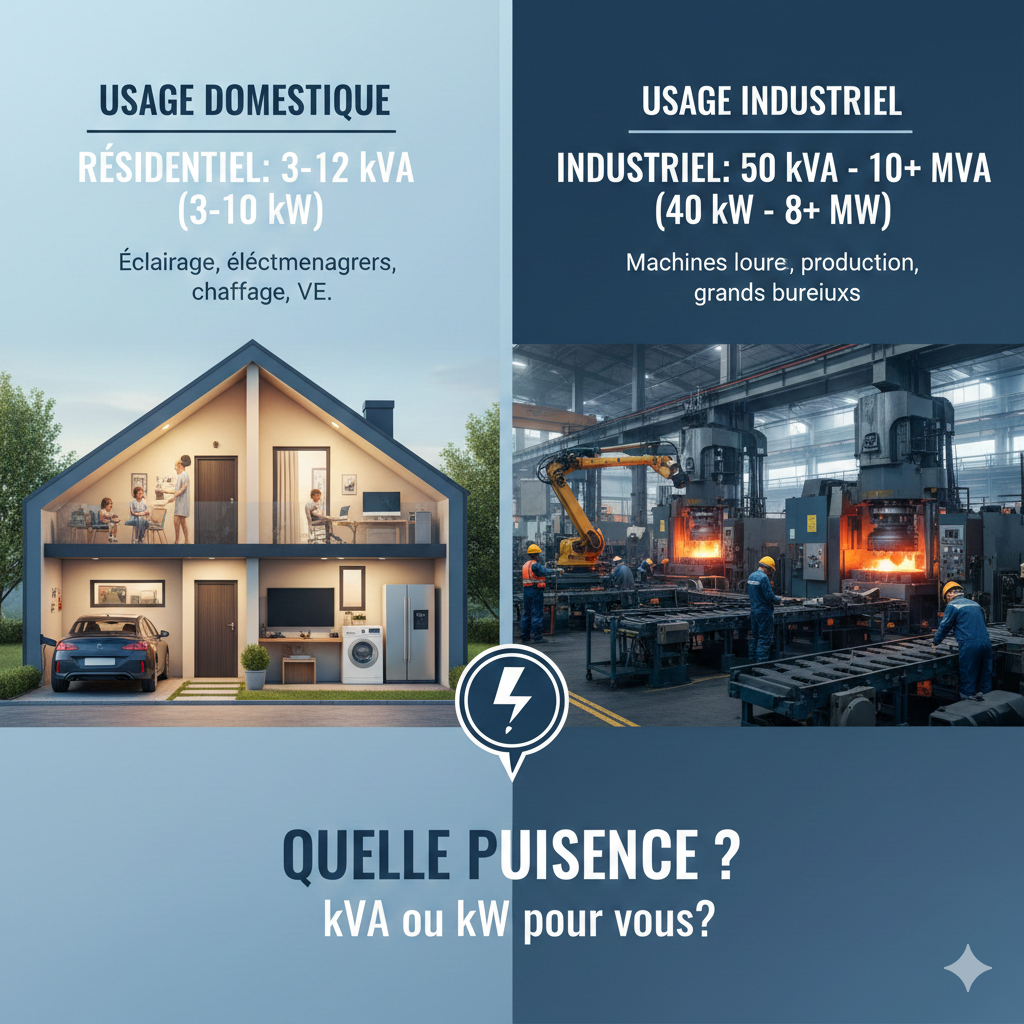 Quelle puissance en kVA ou kW est nécessaire pour un usage domestique ou industriel